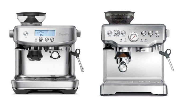 A Breville Barista Express and Barista Pro espresso machine side by side on a counter.
