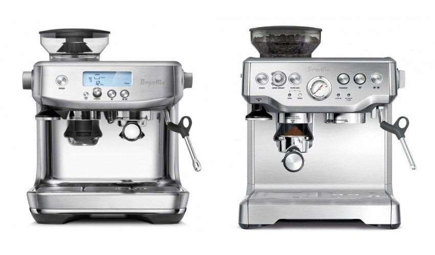 A Breville Barista Express and Barista Pro espresso machine side by side on a counter.