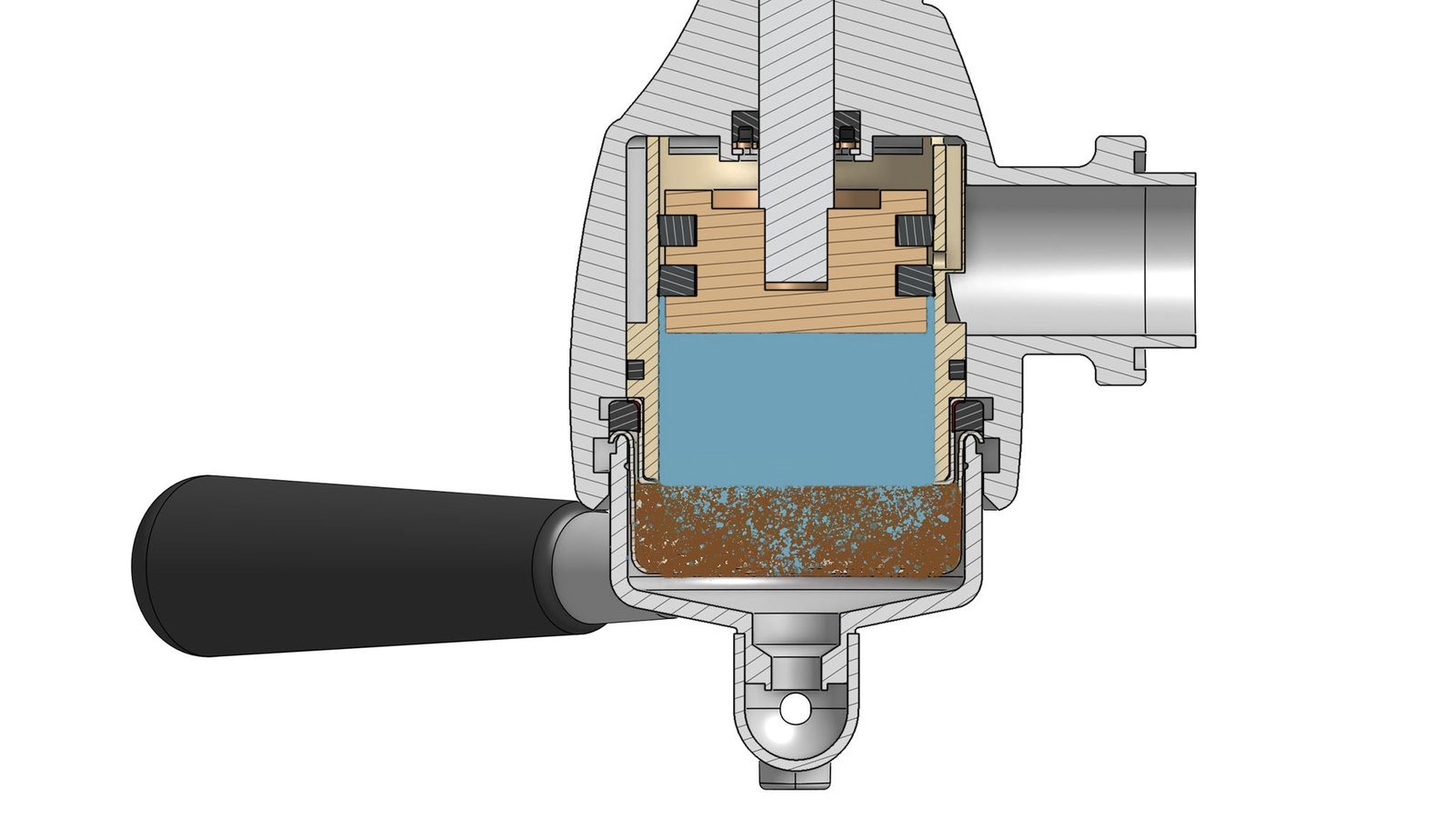 A close-up of a lever espresso machine brewing a fresh shot of coffee.