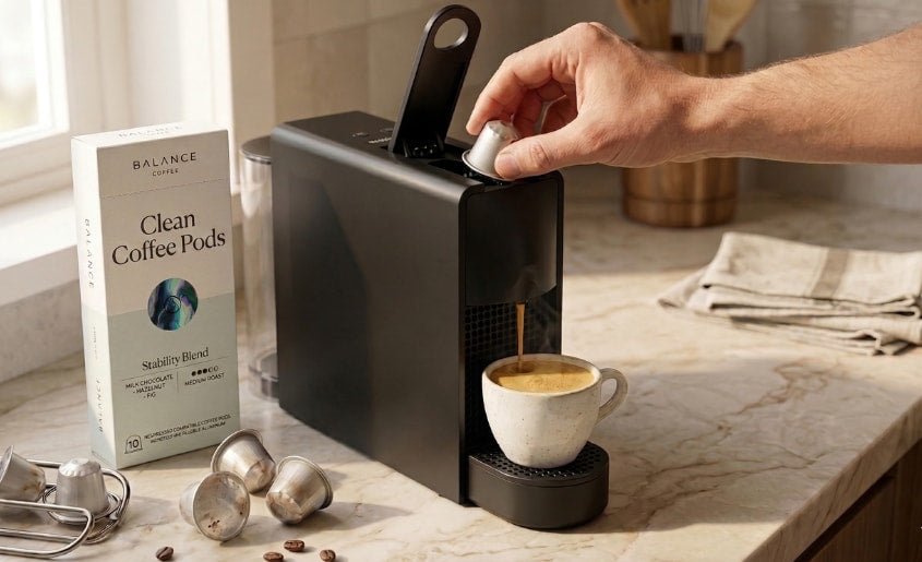 A close-up of an espresso machine extracting coffee from an ESE pod.