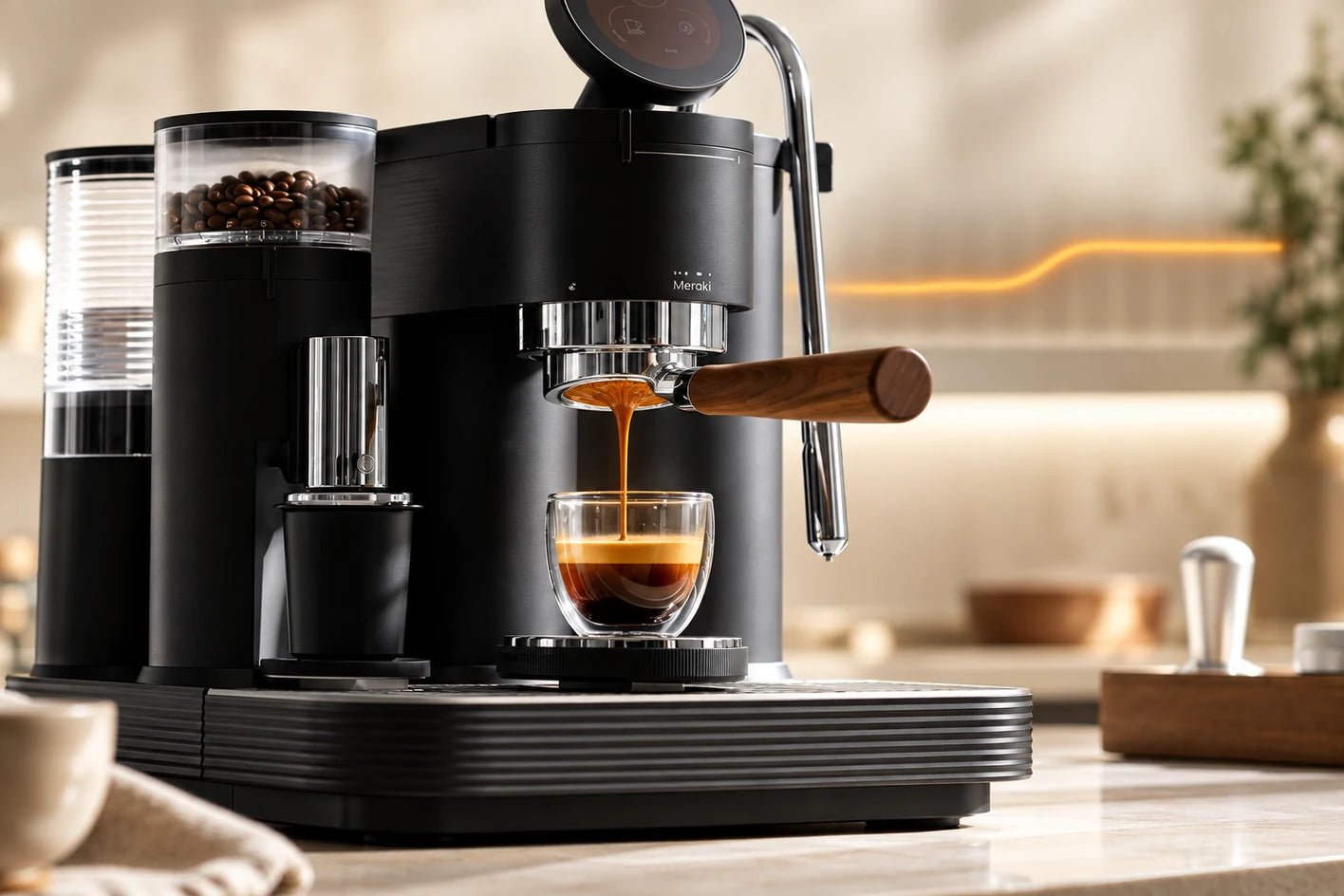 Two espresso shots with different roast profiles sit on a clean marble surface.